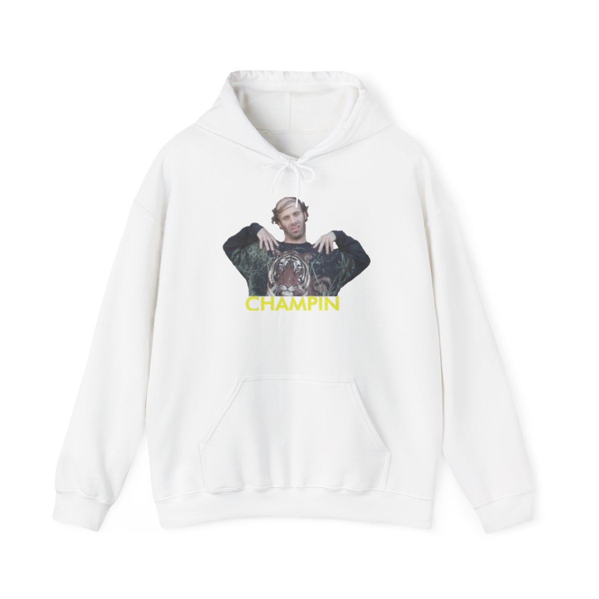 Champion Graphic Hoodie | Vintage Style Photo Print, Yellow Text Nathan Barnatt - Official Hoodies merchandise